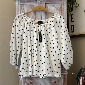 Premise White Off-Shoulder Blouse with Black Polka Dots